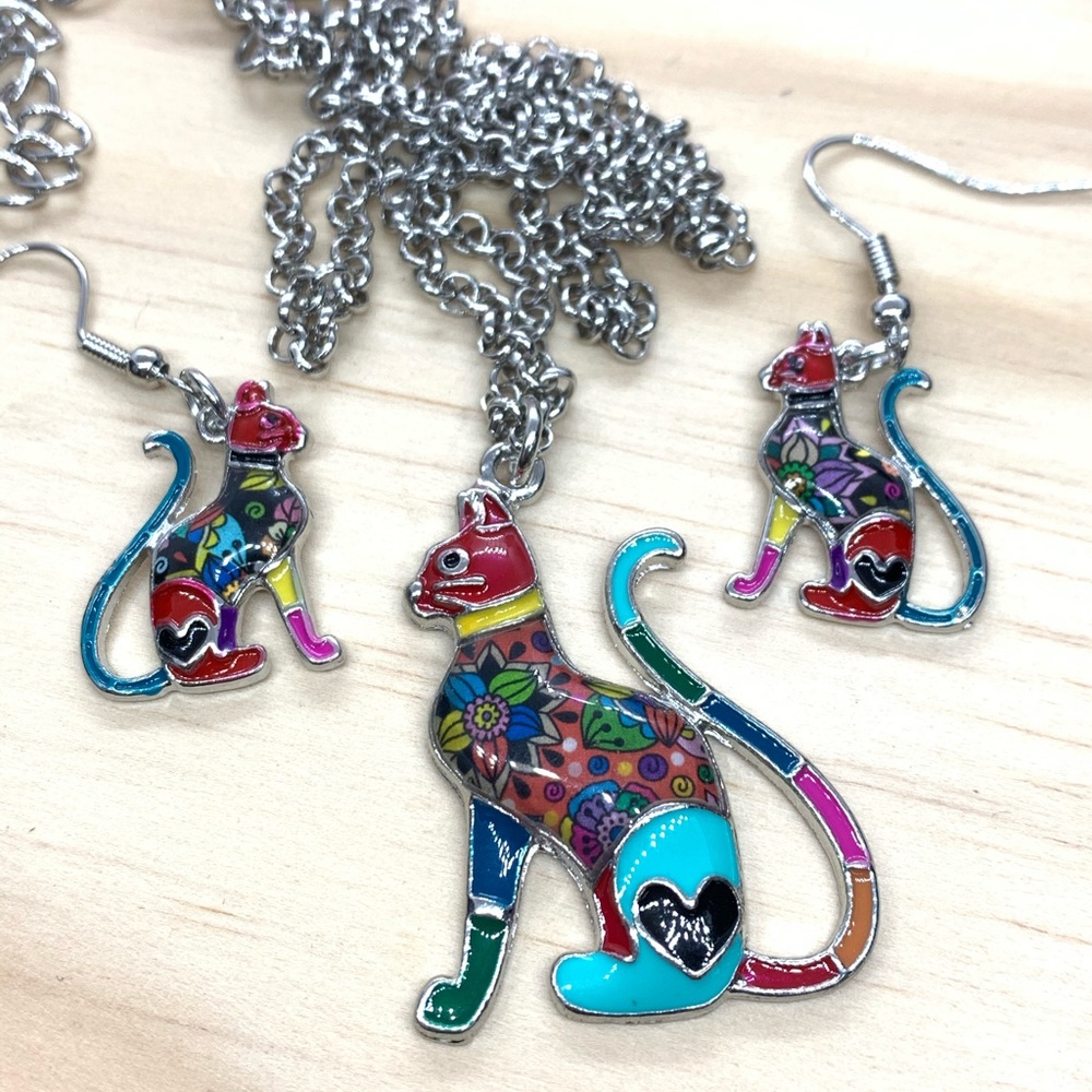 Enamel Cat Earrings Necklace Set - Picture 2 of 6